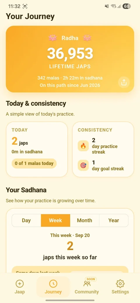 Jaap Counter Journey screen showing lifetime japs, consistency, and progress trends