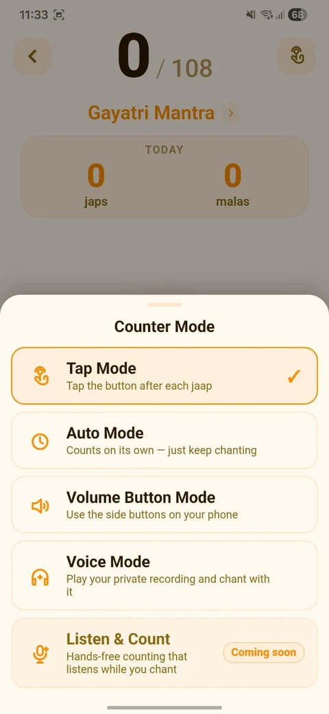 Jaap Counter mode chooser with Tap, Auto, Volume, Voice, and a coming-soon option