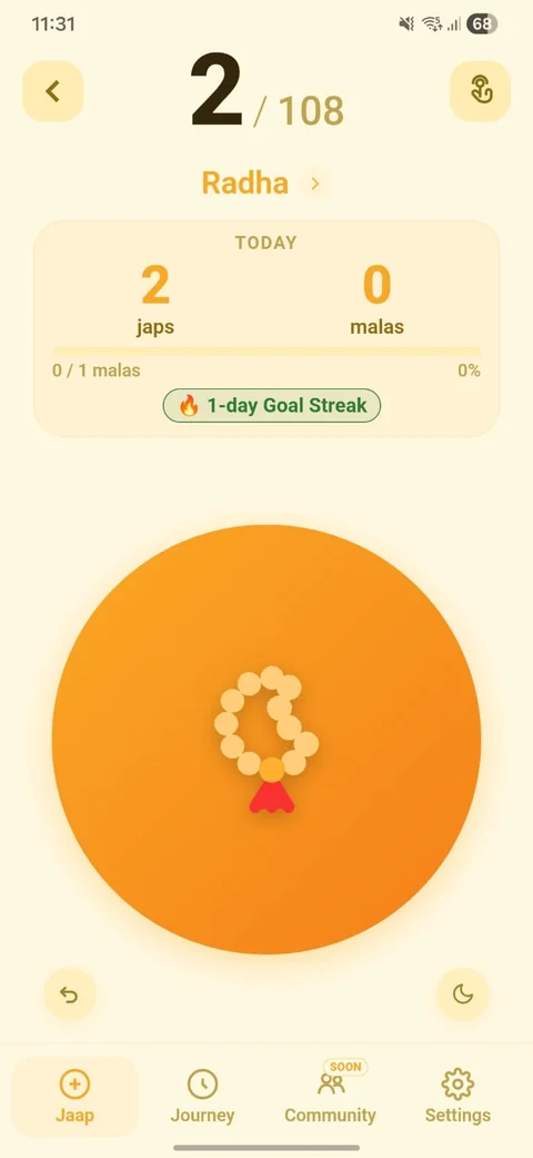 Jaap Counter Tap Mode showing a Radha mantra profile and today's progress